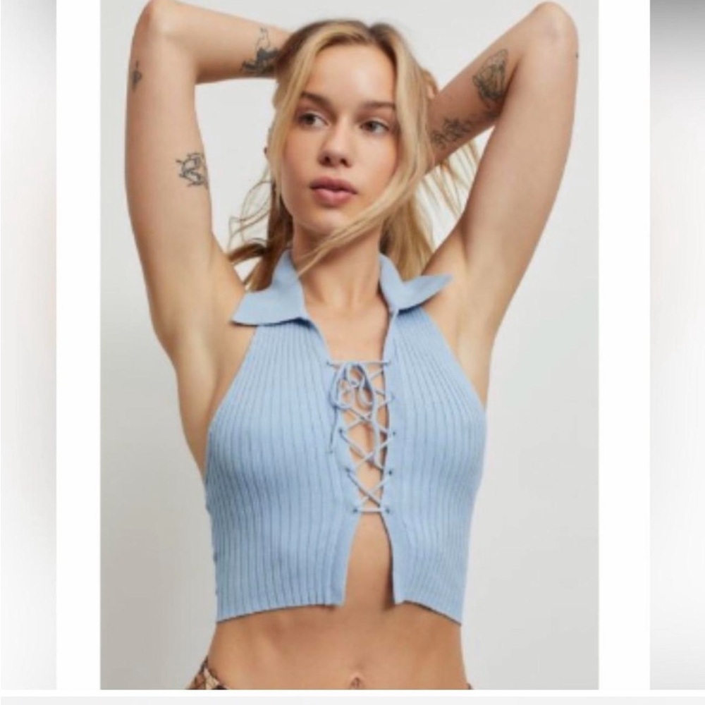 Urban Outfitters Light Blue Lace-Up Ribbed Halter Top